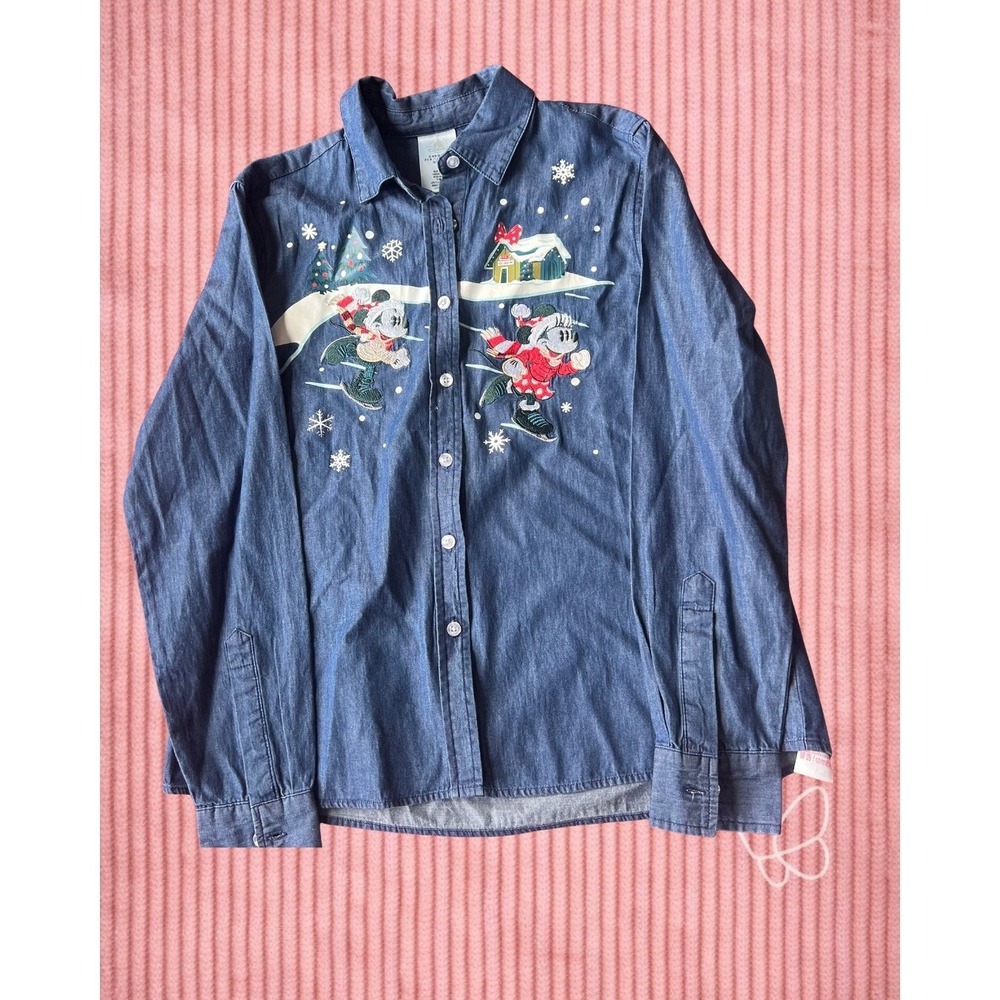 Disney Womens Button Up Shirt Med Mickey Minnie Holiday Christmas Denim NEW